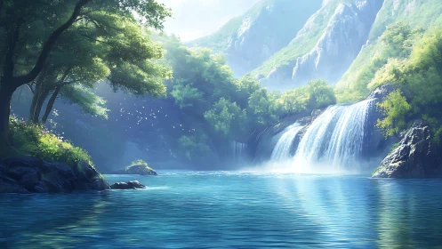 Sunlit forest waterfall pouring into calm blue river.