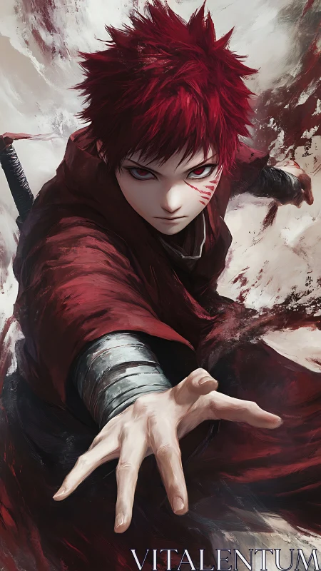 Red haired anime fighter extending hand in dynamic pose.