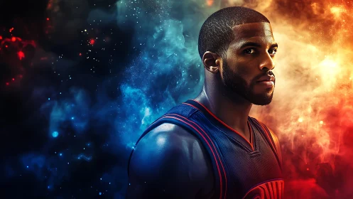 Digital painting portrait with nebular bicolor energy field background.