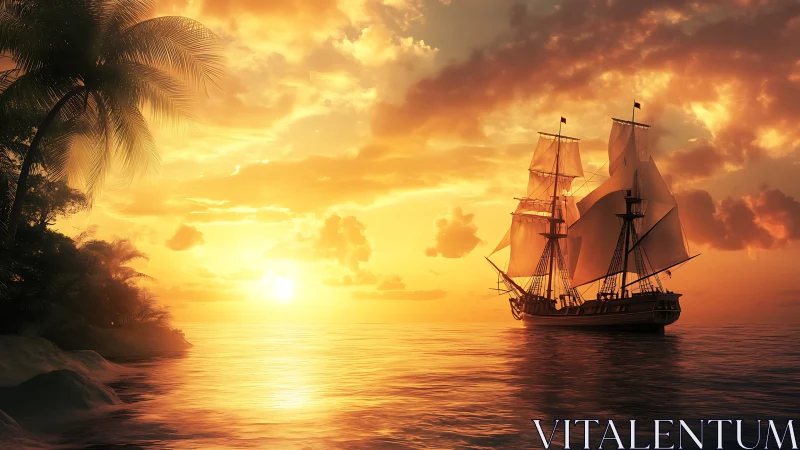 Tall ship under blazing tropical sunset near palm shore.
