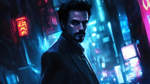 Brooding noir hero under neon lights in cyber city night.