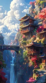 Mountain temples cling to cliffs above misty waterfalls