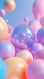 Translucent pastel spheres float in a dreamy candy sky.