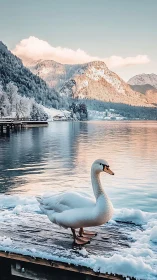 Swan on snowy lakeside pier before pastel alpine mountains.