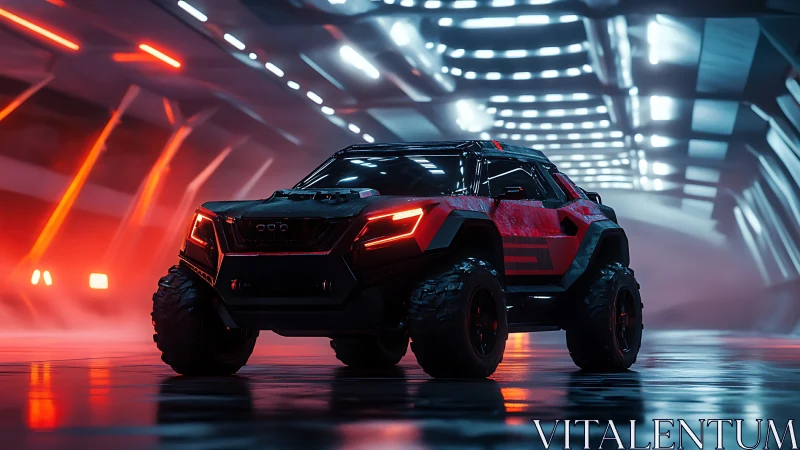 Aggressive off-road concept SUV rendered in neon-lit tunnel environment