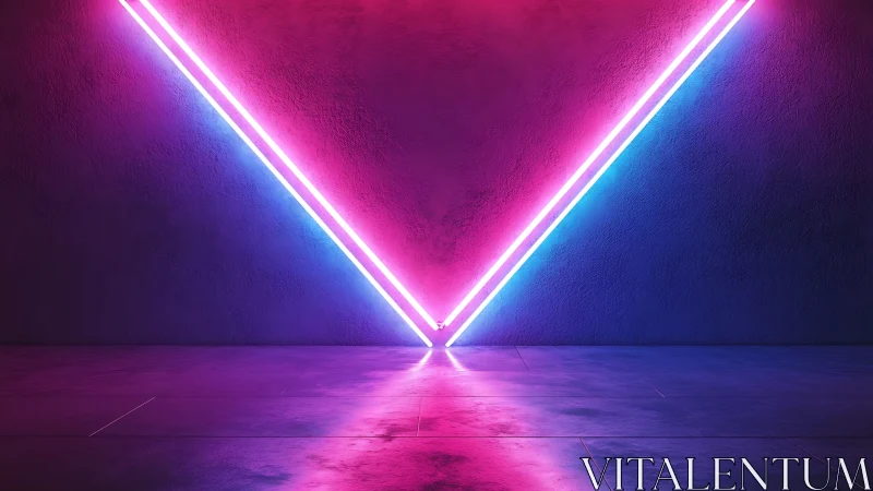 Neon V-shaped light lines frame vibrant magenta blue wall.