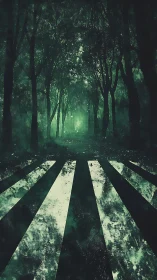 Luminous Forest Corridor with Zebra Crossing Stripes