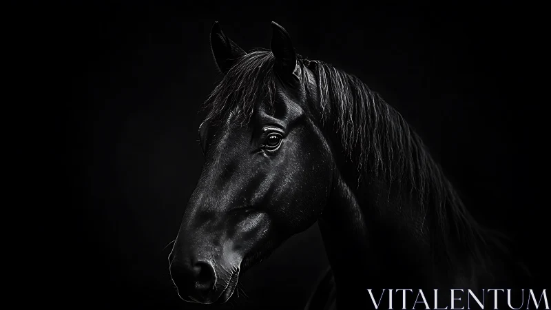 Black horse portrait on dark background in dramatic light.