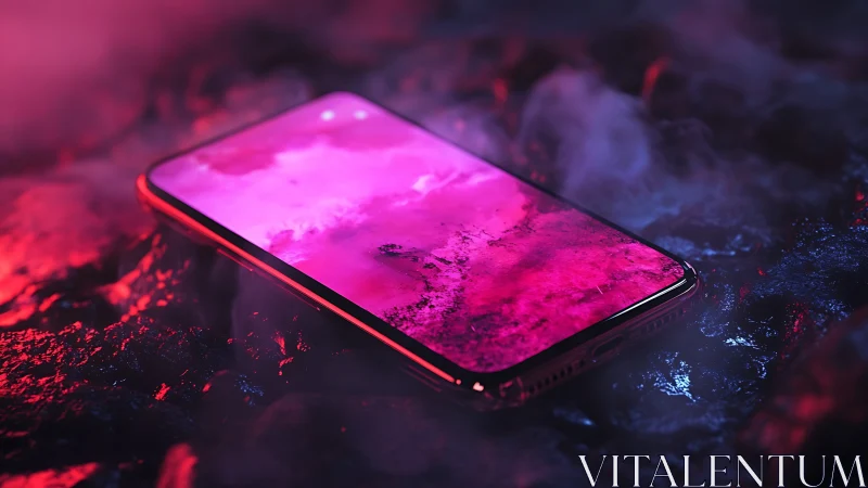 Neon dream smartphone resting in a misty electric glow.