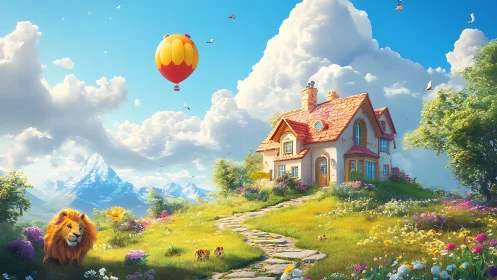 Digital painting cottage landscape with lion and hot air balloon.