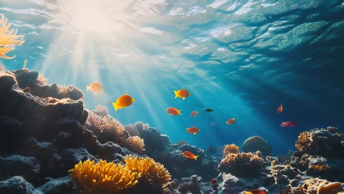 Sunlit coral reef with volumetric caustics and schooling reef fish