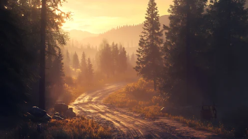 Sunlit Forest Road through Coniferous Woodland at Golden Hour.