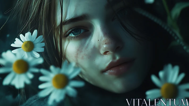 Melancholic girl lies among moonlit daisies in quiet bloom
