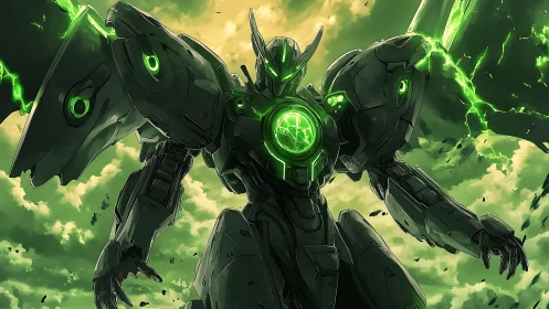 Emerald-core combat mecha with energy wings in storm sky