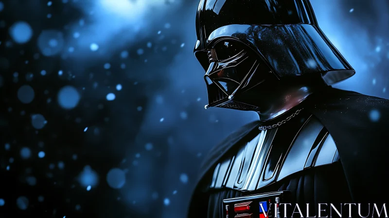 Specular black armor profile in cinematic blue particulate field.