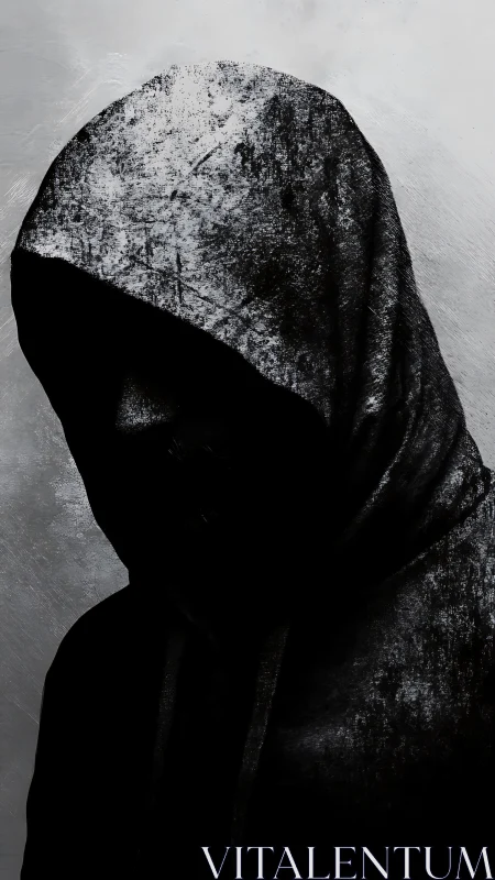 Shadowed hooded figure emerges from a stark grayscale void