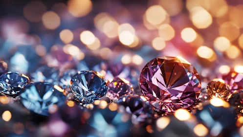 Faceted gemstones under shallow depth of field with bokeh highlights