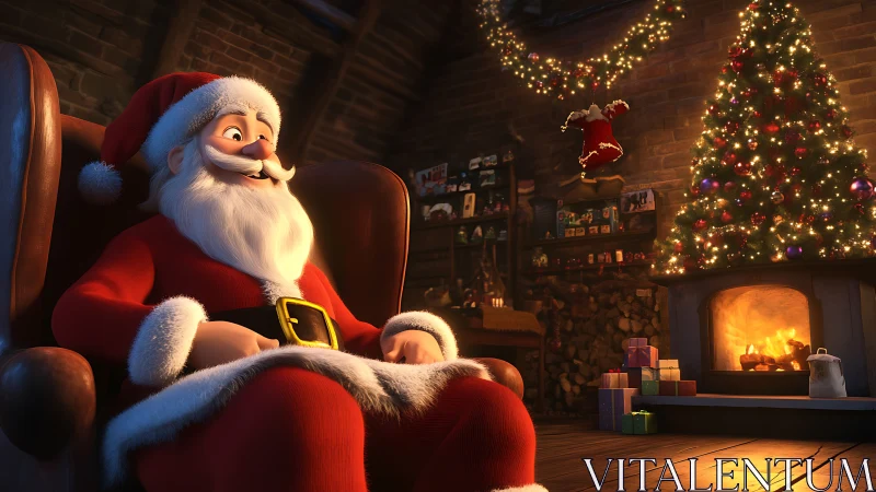 3D Santa Claus relaxing by glowing fireplace and lit tree