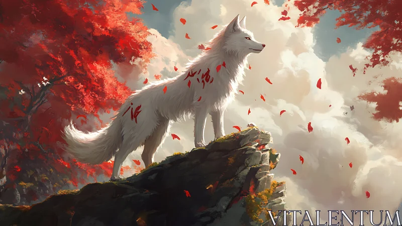 Majestic white spirit fox stands on cliff amid red foliage and clouds