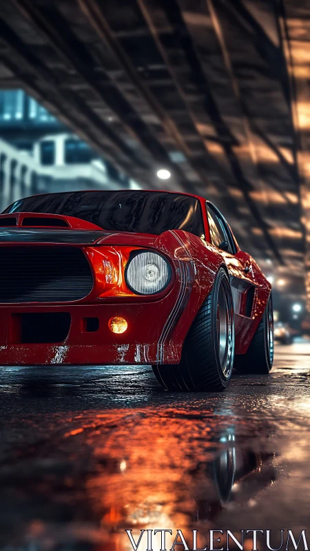 Red muscle car underpass scene with wet neon reflections.