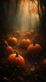 Enchanted Pumpkin Path: Mystical Forest Illumination with Crepuscular Rays.