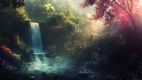 Enchanted waterfall cove glows beneath misty, blooming canopies.