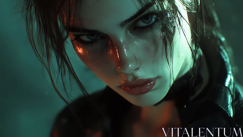 Storm-lit gaze of a neon-soaked warrior in the shadows.