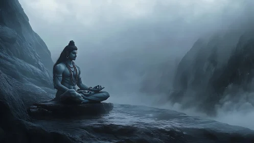 Serene blue deity meditating quietly in misty mountains.