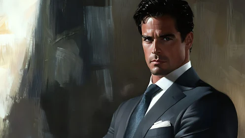 Corporate portrait study with chiaroscuro digital brushwork.