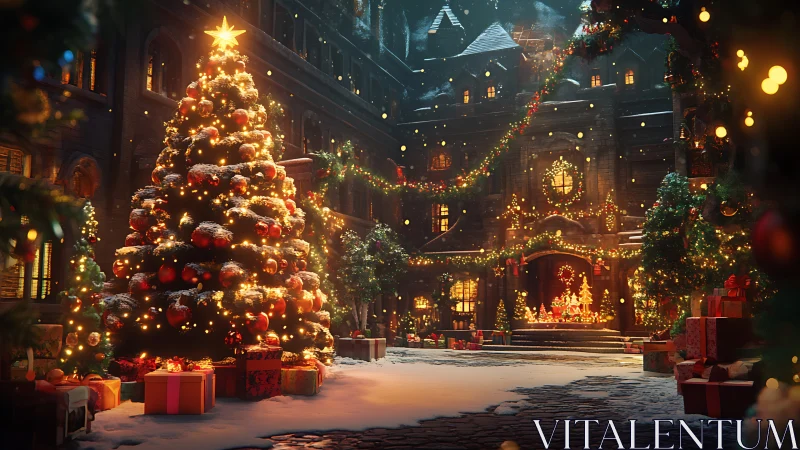 Snow covered courtyard with illuminated Christmas tree.