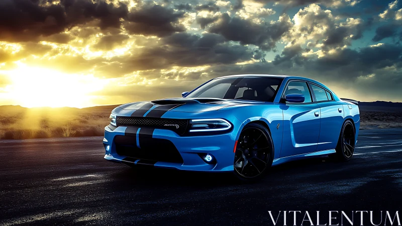 Blue muscle car on open desert highway at dramatic sunset.