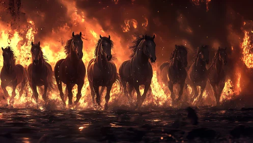 Galloping war horses charge through flames and darkness