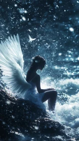 Winged female figure sits on coastal rocks amid splashing water