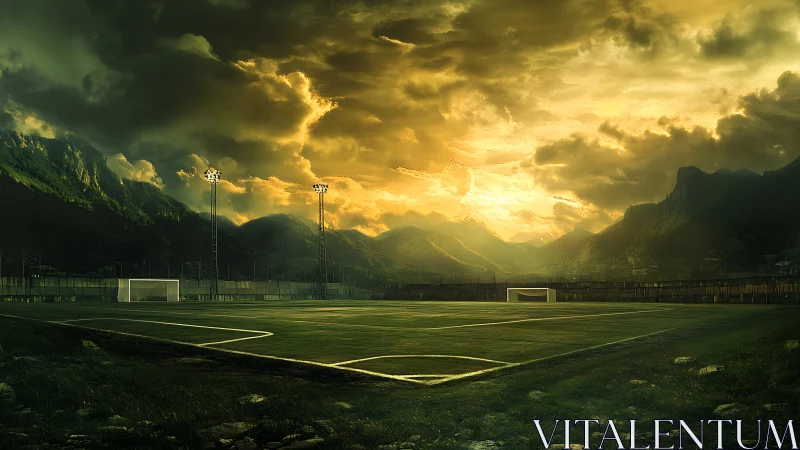 Mountain-ringed football pitch under dramatic golden storm sky
