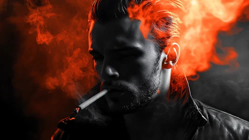 Side-lit male smoker with red-tinted smoke in darkness.