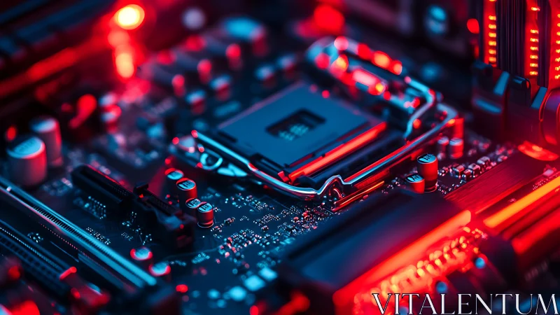 LGA processor socket on RGB-lit motherboard in macro detail.