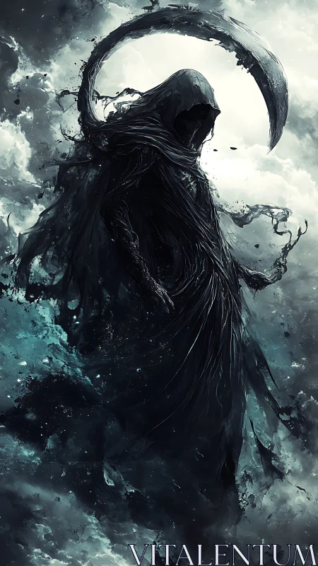 Dark hooded reaper figure with scythe in storm clouds.