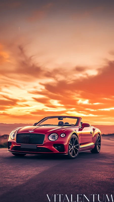 Photorealistic red convertible under cinematic sunset sky.