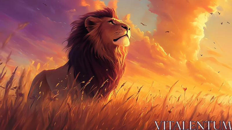 Majestic lion gazes across glowing savannah at sunset