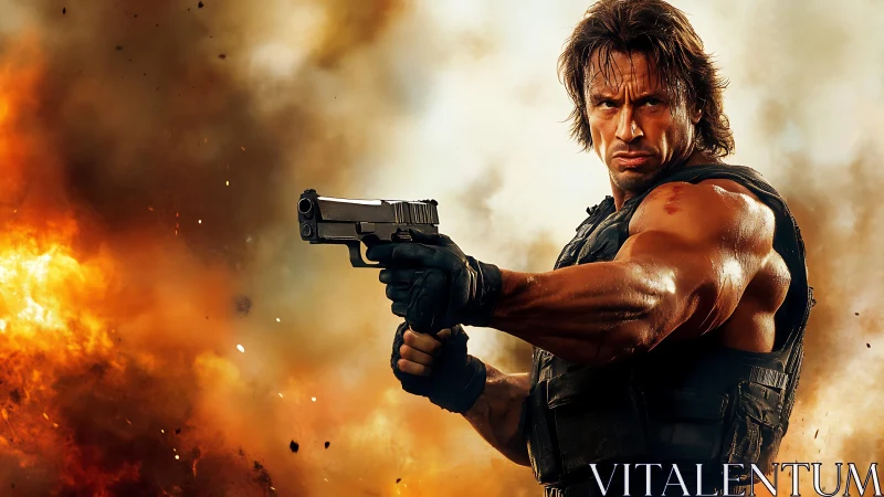 Action gunman aims pistol amid high-intensity explosive fireball