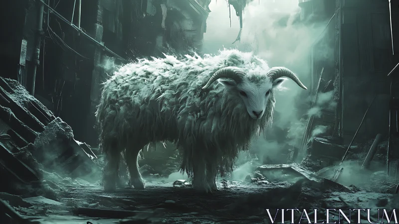 Ram standing in foggy ruined urban alley with debris around.
