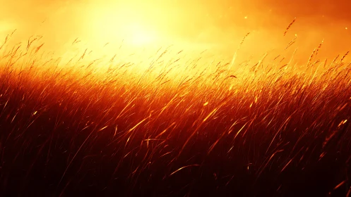Sunlit tall grass field is shown in intense warm backlight