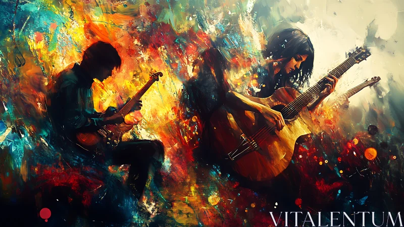 Two guitarists in abstract multicolored digital artwork scene.