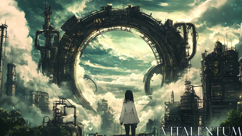 Solitary figure before colossal ringed skyforge gateway.