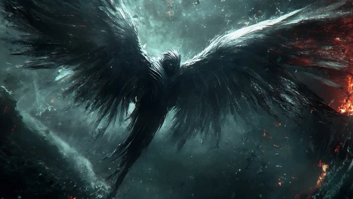 Shadow-winged guardian rising through storm and embers.