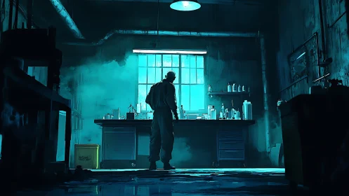 Lone chemist studies glowing lab bench in teal workshop.