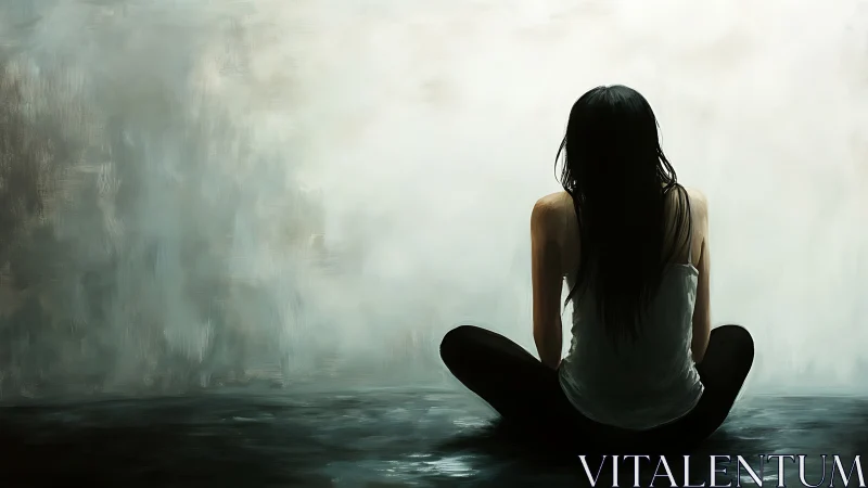 Muted contemplative figure against abstract tonal backdrop.