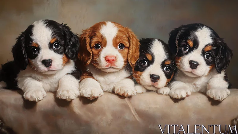 Four spaniel puppies in studio portrait composition.