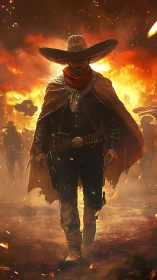 Mexican gunslinger advancing through inferno, cinematic firestorm