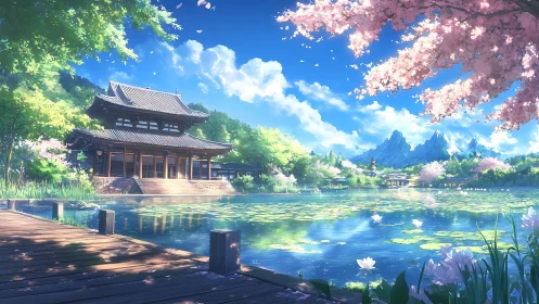 Serene lakeside temple basks under vivid spring sky
